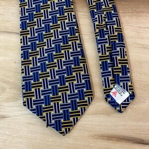 Turnbull & Asser Mens Silk Tie Hand Made London Blue Yellow Geometric Pattern